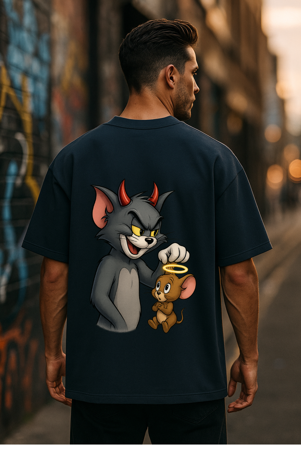 Wavy Tom & Jerry Devil vs Angel Oversized T-Shirt – Cartoon Clash Edition